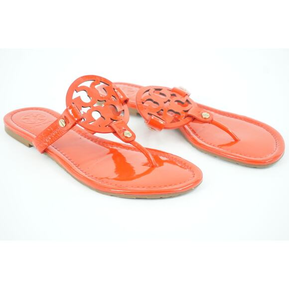 New Tory Burch Miller Poppy Red Patent Thong Sandals SZ 7.5 $275 Logo - Picture 4 of 11